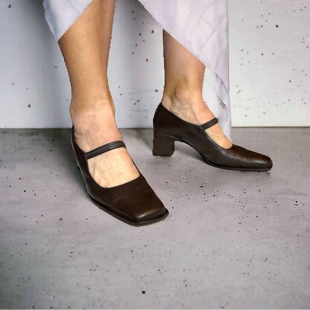 VIA SPIGA Classic Italian Calfskin Brown Mary Janes Block Heel Square Toe Sz 7.5